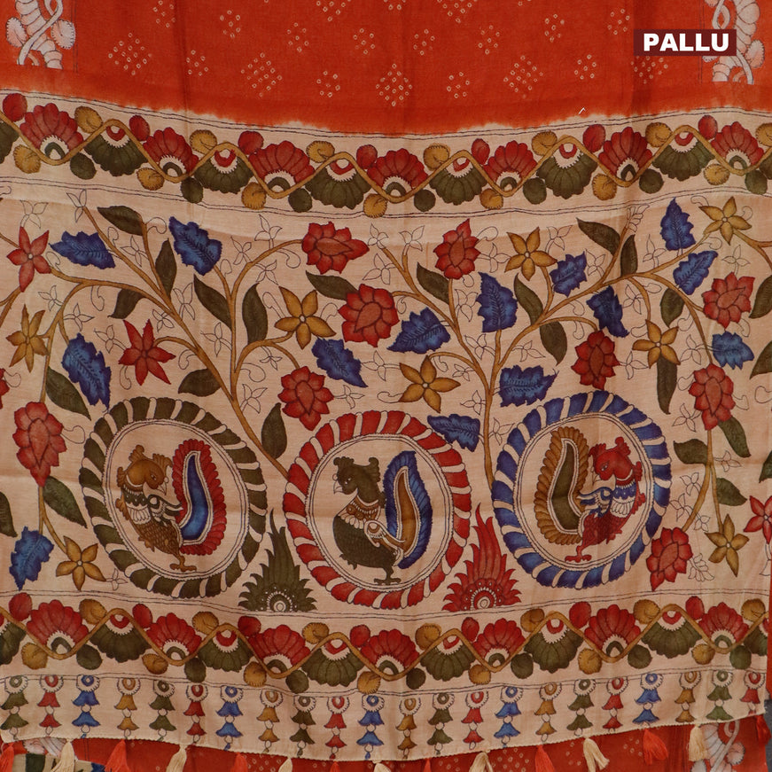 Semi linen saree rust shade and beige with allover bandhani prints and kalamkari printed pallu