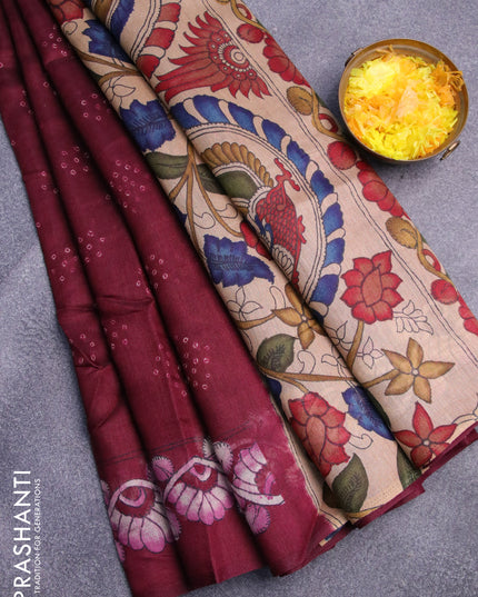 Semi linen saree dark maroon and beige with allover bandhani prints and kalamkari printed pallu