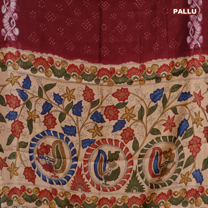 Semi linen saree dark maroon and beige with allover bandhani prints and kalamkari printed pallu