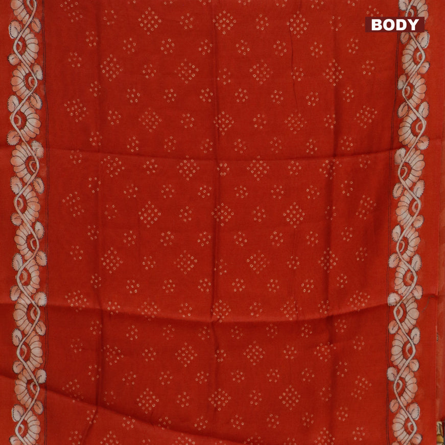 Semi linen saree rustic orange and beige with allover bandhani prints and kalamkari printed pallu