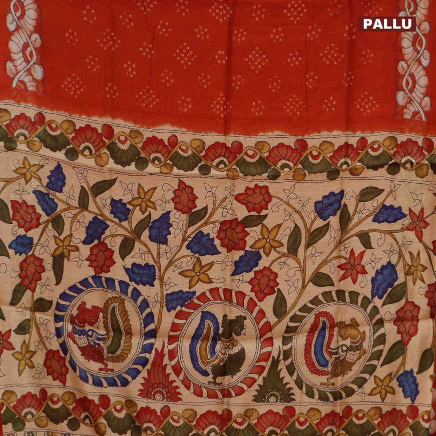 Semi linen saree rustic orange and beige with allover bandhani prints and kalamkari printed pallu