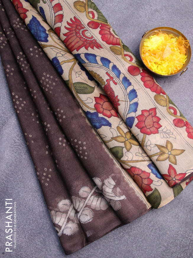 Semi linen saree dark coffee brown and beige with allover bandhani prints and kalamkari printed pallu