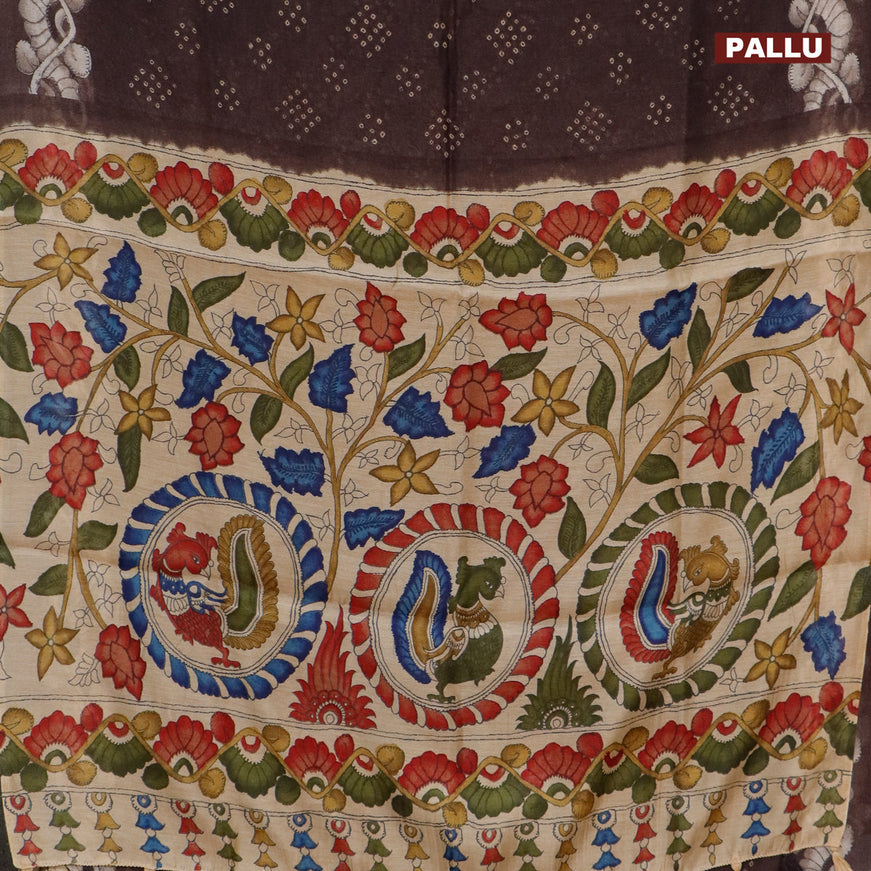 Semi linen saree dark coffee brown and beige with allover bandhani prints and kalamkari printed pallu