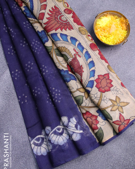 Semi linen saree navy blue and beige with allover bandhani prints and kalamkari printed pallu