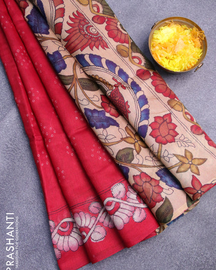 Semi linen saree kum kum red and beige with allover bandhani prints and kalamkari printed pallu