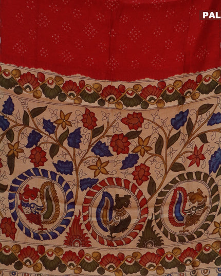 Semi linen saree kum kum red and beige with allover bandhani prints and kalamkari printed pallu