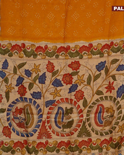 Semi linen saree mustard yellow and sandal with allover bandhani prints and kalamkari printed pallu