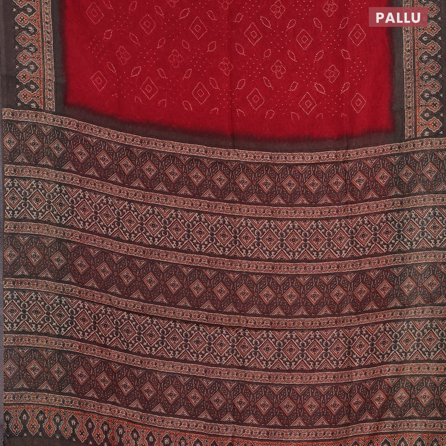 Semi linen saree red and grey shade with allover bandhani prints and ajrakh printed pallu