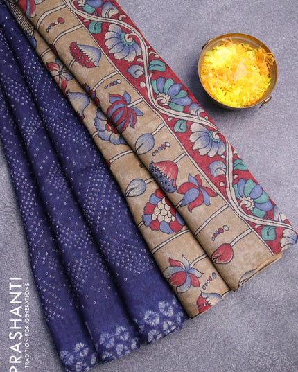 Semi linen saree blue and beige with allover bandhani prints and kalamkari printed pallu