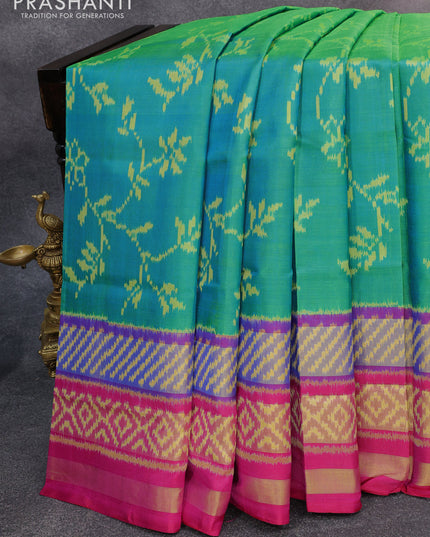 Rajkot patola silk saree dual shade of teal blue and pink with allover ikat weaves and zari woven border