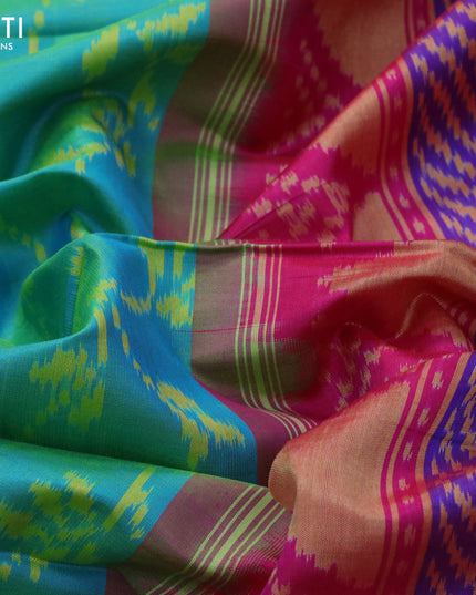 Rajkot patola silk saree dual shade of teal blue and pink with allover ikat weaves and zari woven border