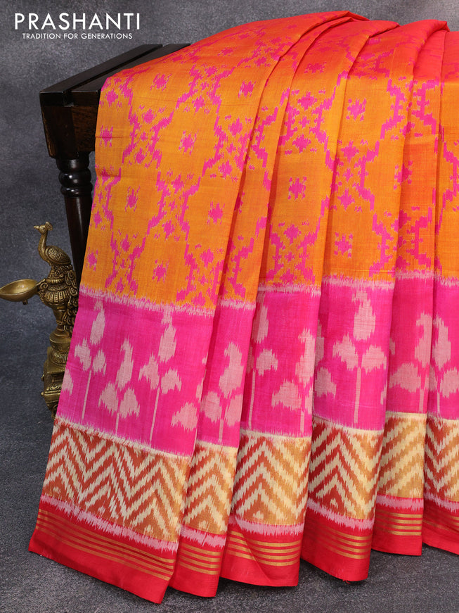 Rajkot patola silk saree mustard yellow and red with allover ikat weaves and zari woven ikat style border