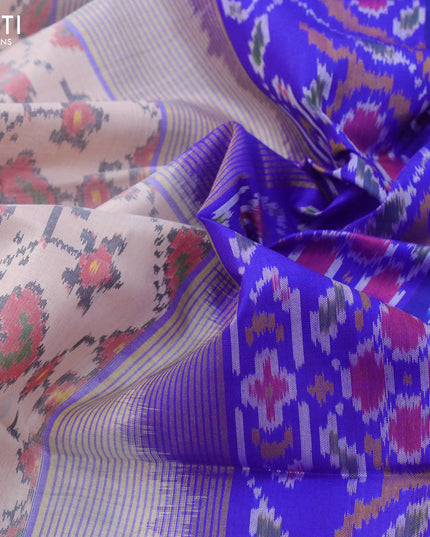 Rajkot patola silk saree cream and royal blue with allover ikat weaves and long ikat woven zari border