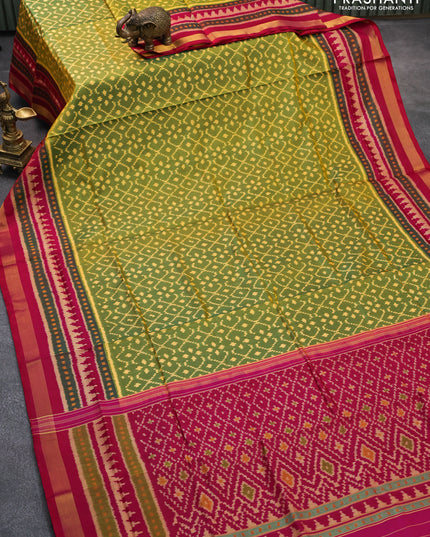 Rajkot patola silk saree yellowish green and pink with allover ikat weaves and zari woven border