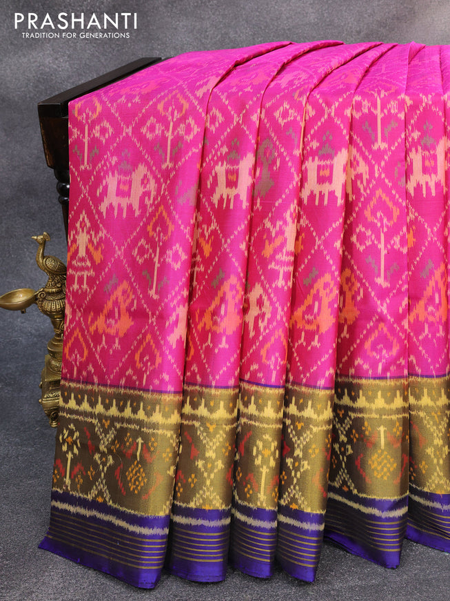 Rajkot patola silk saree pink and blue with allover ikat weaves and zari woven ikat style border
