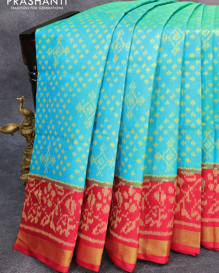 Rajkot patola silk saree teal blue and red with allover ikat weaves and zari woven border