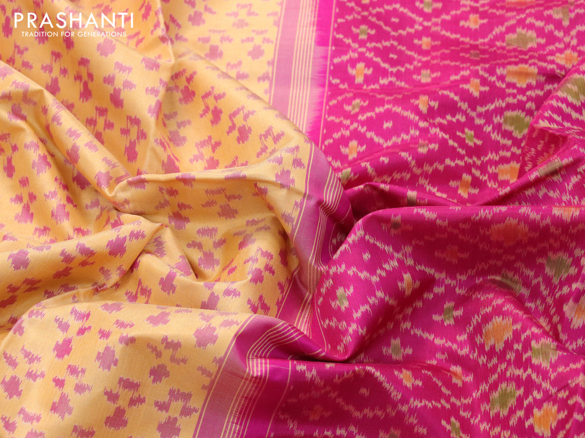 Rajkot patola silk saree yellow and pink with allover ikat weaves and zari woven border