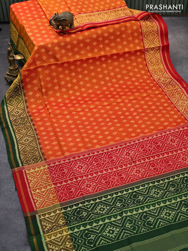 Rajkot patola silk saree red and green with allover ikat weaves and zari woven ikat style border