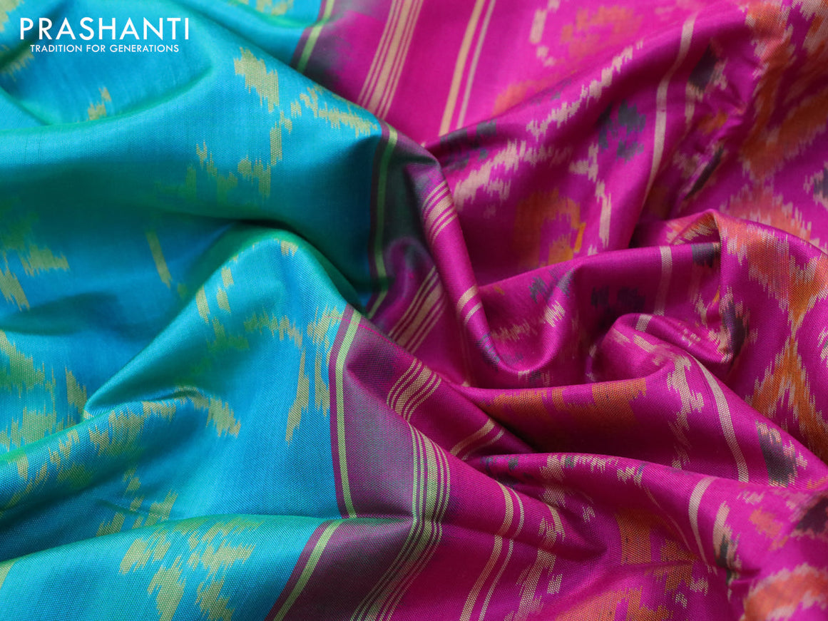 Rajkot patola silk saree teal blue and magenta pink with allover ikat weaves and zari woven border