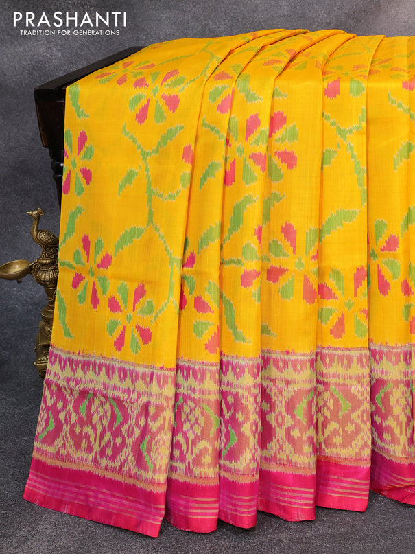 Rajkot patola silk saree dual shade of pink and yellow with allover ikat weaves and zari woven ikat style border