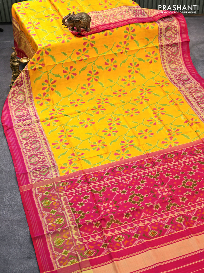 Rajkot patola silk saree dual shade of pink and yellow with allover ikat weaves and zari woven ikat style border