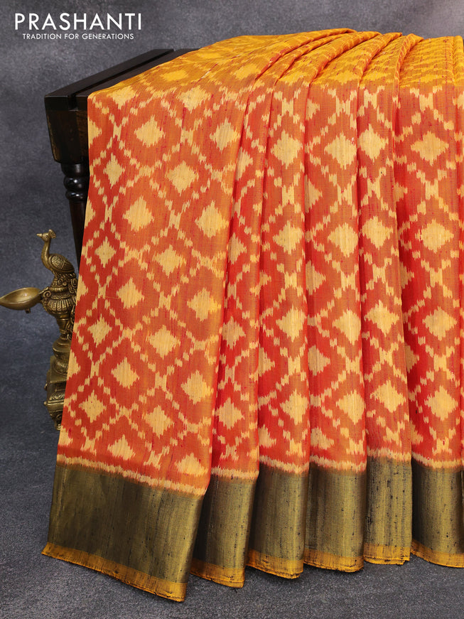 Rajkot patola silk saree dual shade of honey and pale yellow & black with allover ikat weaves & jute finish and zari woven border