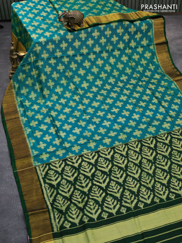 Rajkot patola silk saree dual shade of greenish blue and bottle green with allover ikat weaves & jute finish and zari woven border
