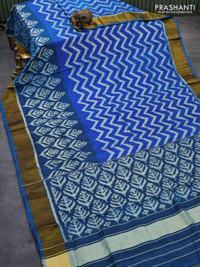 Rajkot patola silk saree cs blue and blue with allover zig zag ikat weaves & jute finish and zari woven border