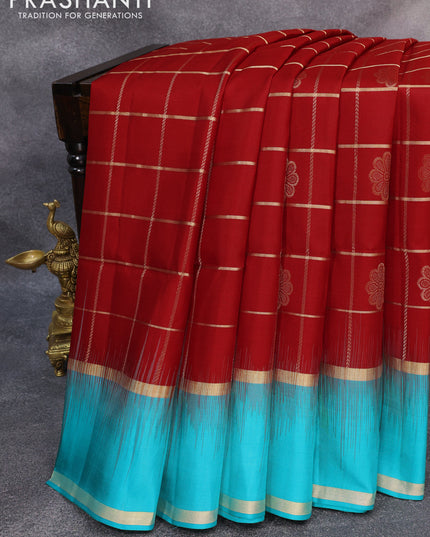 Pure soft silk saree red and teal blue with allover checked pattern & floral zari buttas and rettapet zari woven border