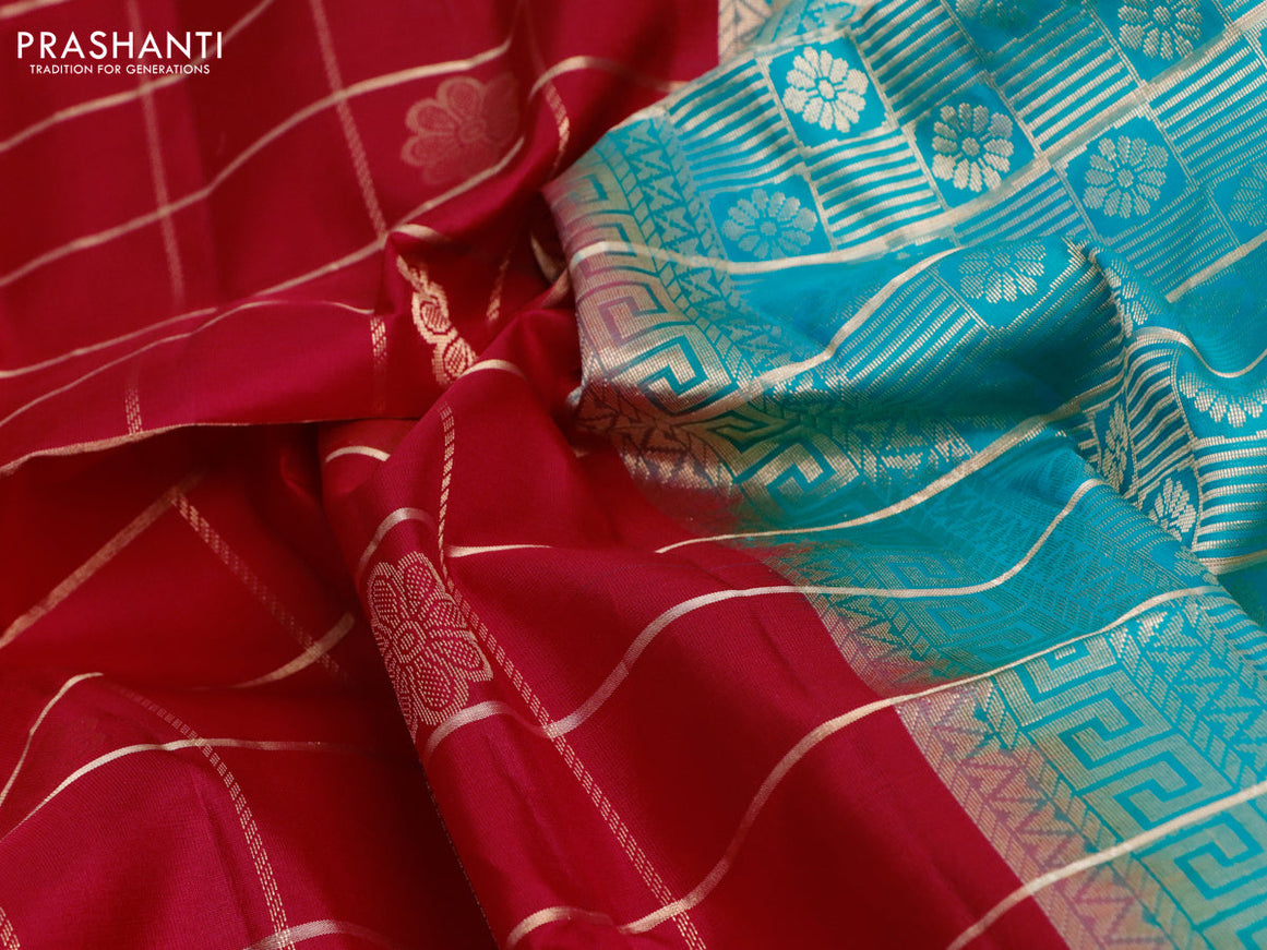 Pure soft silk saree red and teal blue with allover checked pattern & floral zari buttas and rettapet zari woven border