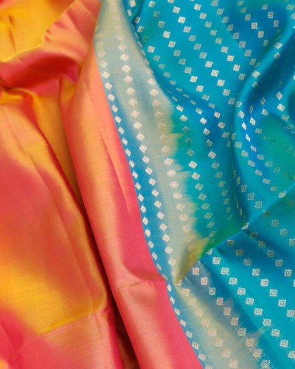 Pure soft silk saree dual shade of pinkish yellow and dual shade of bluish green with plain body and small zari woven border