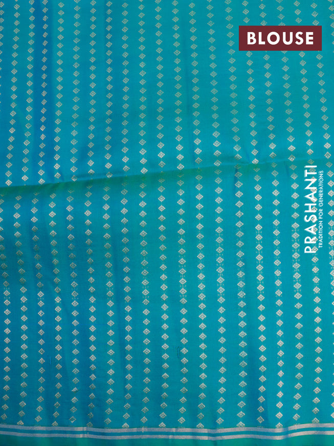 Pure soft silk saree dual shade of pinkish yellow and dual shade of bluish green with plain body and small zari woven border