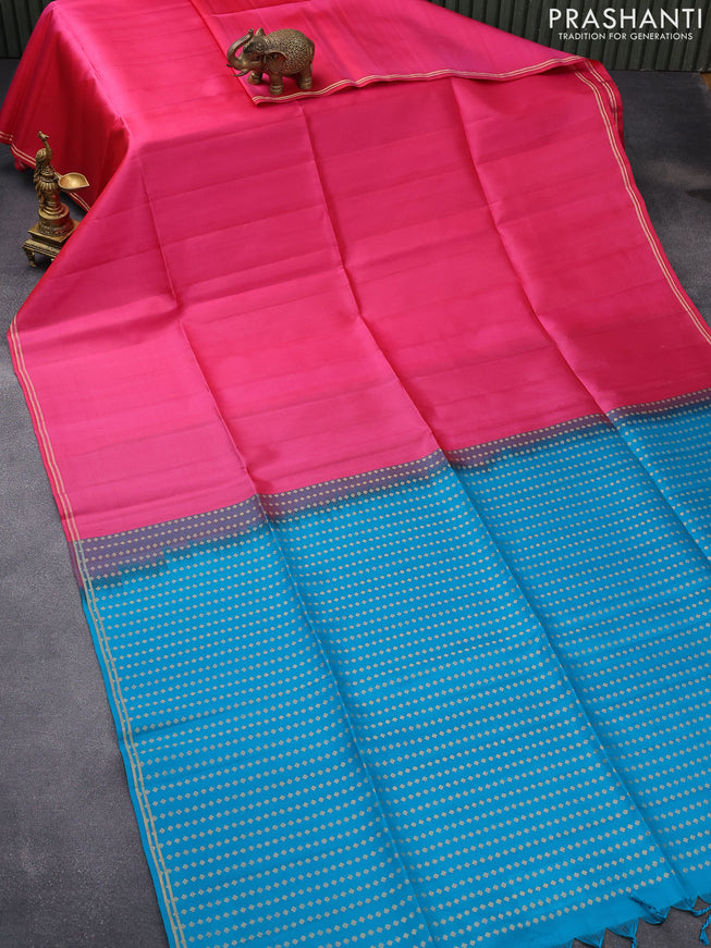 Pure soft silk saree pink and teal blue with plain body and small zari woven border