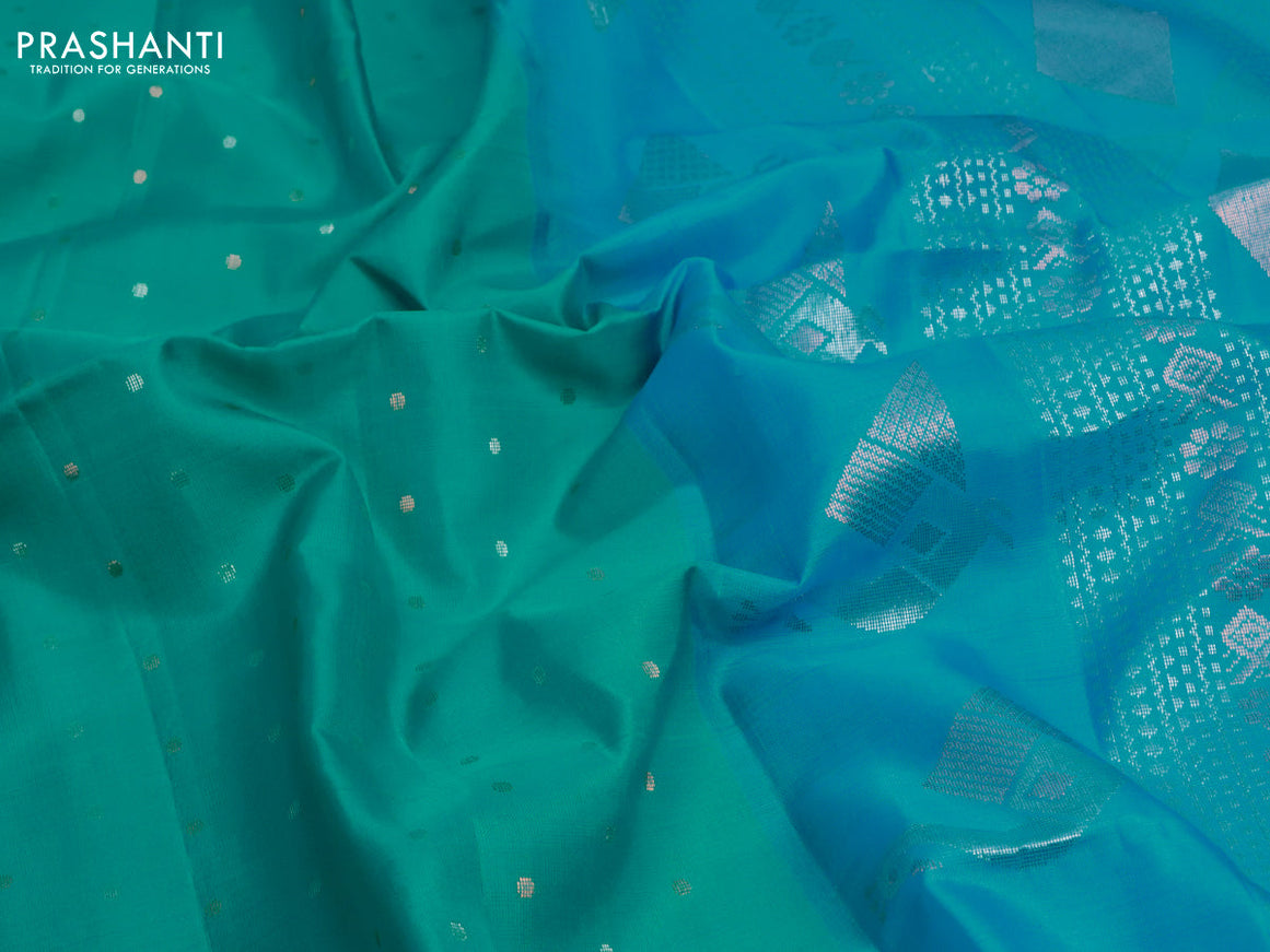 Pure soft silk saree teal blue and light blue with allover silver & copper zari weaves in borderless style