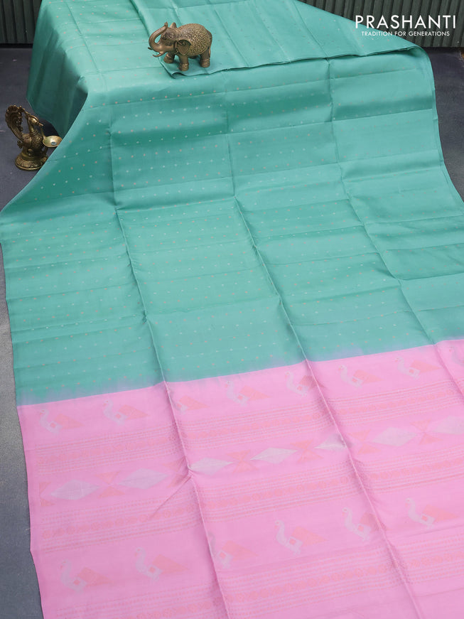 Pure soft silk saree pastel green shade and light pink with allover silver & copper zari weaves in borderless style