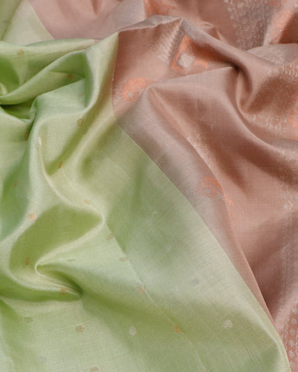 Pure soft silk saree pista green and pastel brown with allover silver & copper zari weaves in borderless style