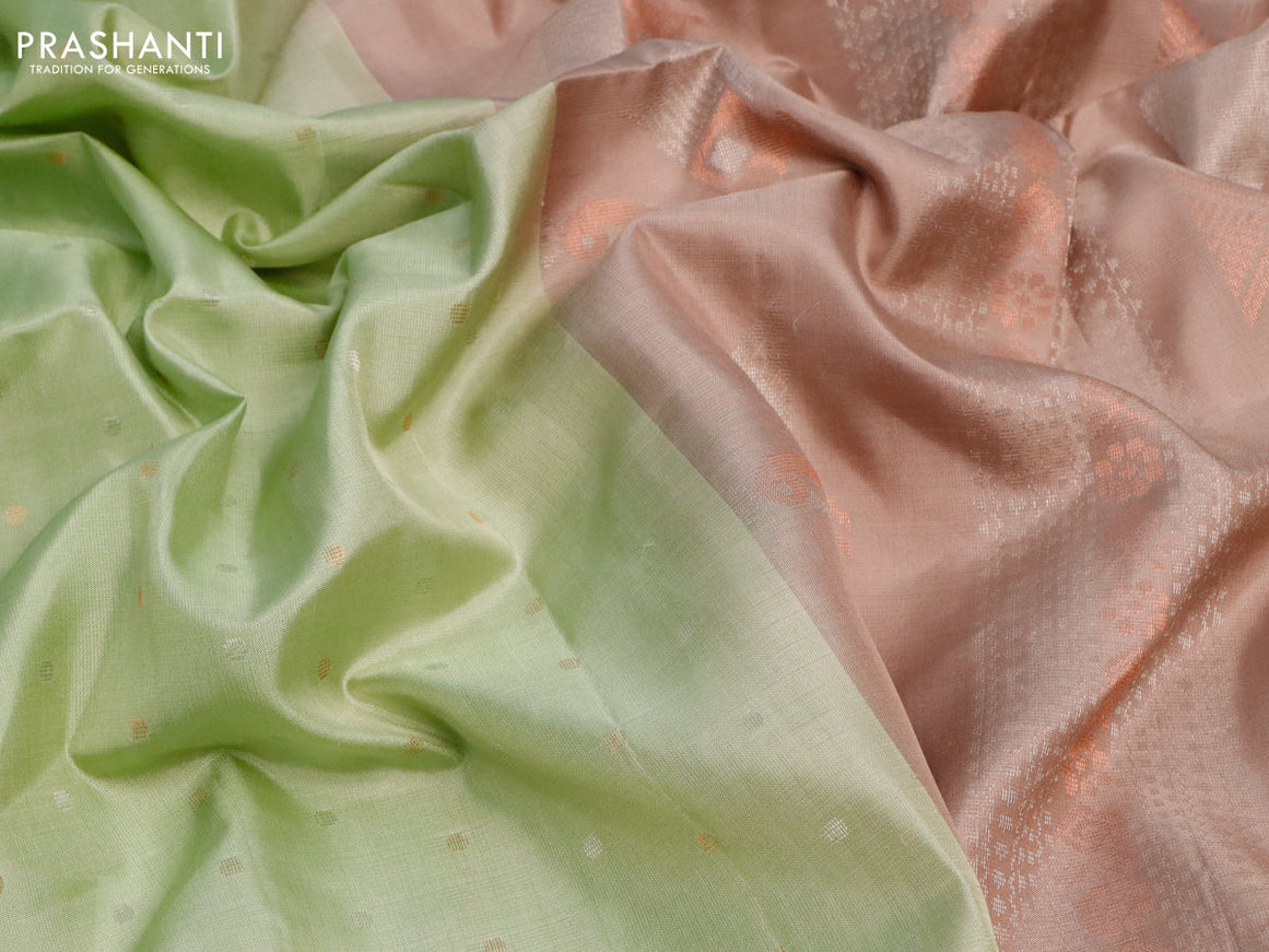 Pure soft silk saree pista green and pastel brown with allover silver & copper zari weaves in borderless style