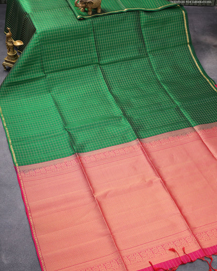 Pure soft silk saree green and dual shade of pink with allover zari checked pattern and small zari woven border