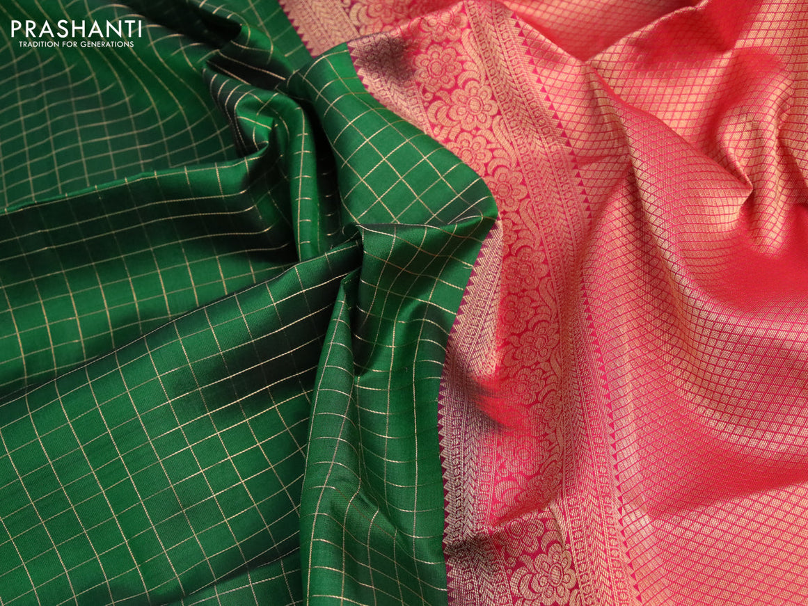 Pure soft silk saree green and dual shade of pink with allover zari checked pattern and small zari woven border