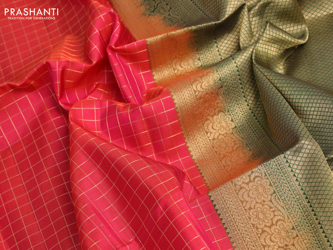 Pure soft silk saree dual shade of pink and green with allover zari checked pattern and small zari woven border