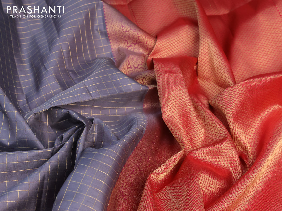 Pure soft silk saree grey and pink with allover zari checked pattern and small zari woven border