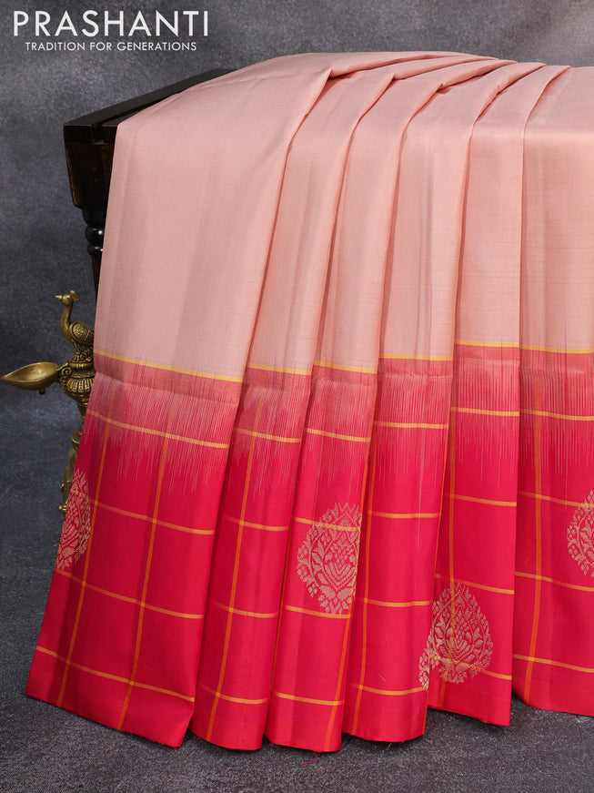 Pure soft silk saree peach shade and reddish pink with plain body and checked pattern zari butta border