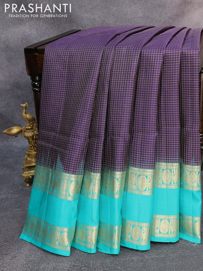 Pure soft silk saree blue and teal blue with allover small zari checked pattern and rettapet zari woven annam & rudhrakha border