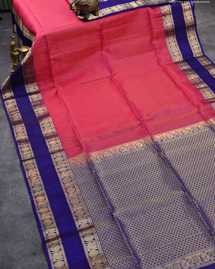 Pure soft silk saree pink and blue with allover small zari checked pattern and rettapet zari woven annam & rudhrakha border