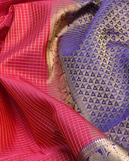 Pure soft silk saree pink and blue with allover small zari checked pattern and rettapet zari woven annam & rudhrakha border
