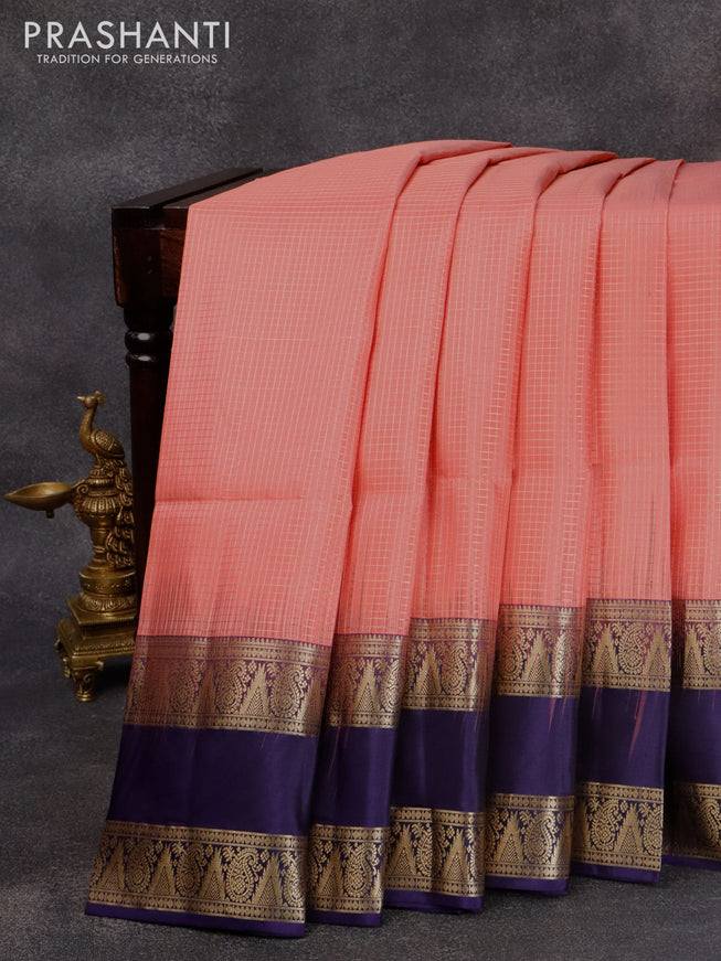 Pure soft silk saree peach pink and dark blue with allover small zari checked pattern and rettapet zari woven border