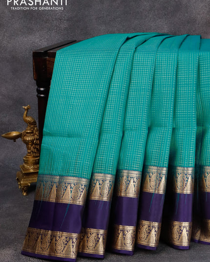 Pure soft silk saree light blue and dark blue with allover small zari checked pattern and rettapet zari woven border