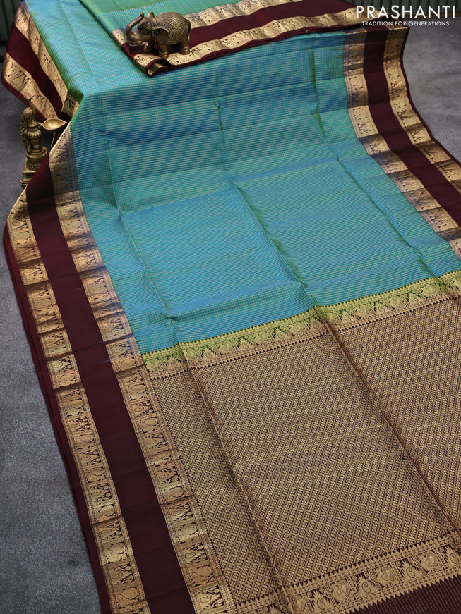 Pure soft silk saree dual shade of teal bluish green and deep maroon with allover small zari checked pattern and rettapet zari woven border