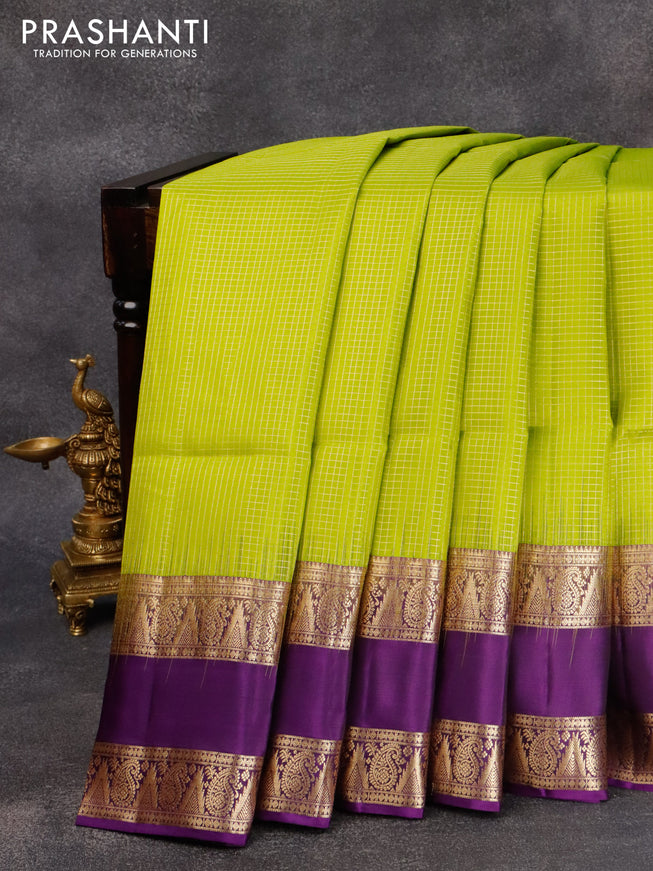 Pure soft silk saree lime green and violet with allover small zari checked pattern and rettapet zari woven border