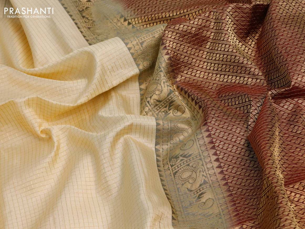 Pure soft silk saree sandal and deep maroon with allover small zari checked pattern and rettapet zari woven border